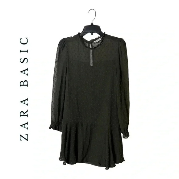 ZARA BASIC SWISS DOT MINI LONG SLEEVE DRESS SIZE SMALL BROWN IN COLOR SEMI SHEER - Picture 1 of 9
